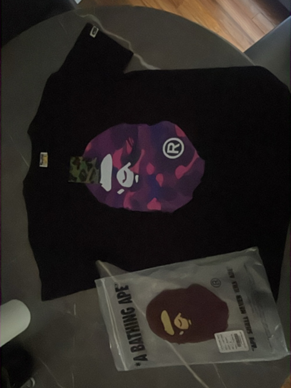A Bathing Ape Black Tee with Purple Camo Ape Logo